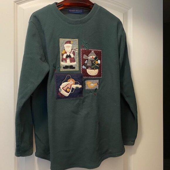 Karen Scott GREEN Flannel SWEATSHIRT Applique & Embroidery SANTA Snowman ANGEL M - Picture 1 of 8